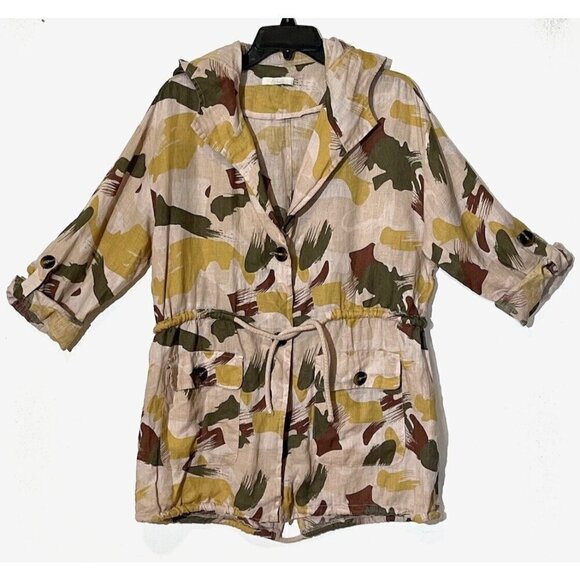 BACI 100% Linen Beige Printed Roll Tab Sleeve Boho Hooded Jacket - ITALY - Picture 1 of 9